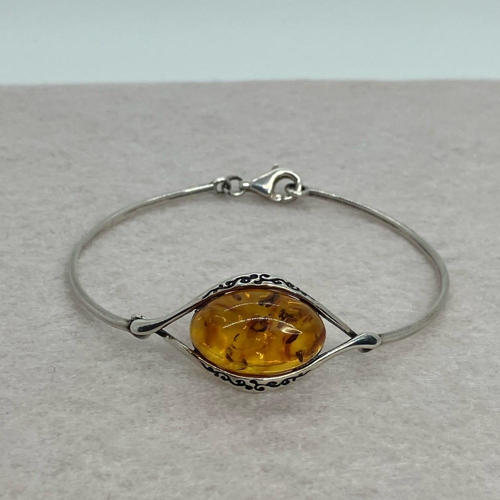 Vtg 925 Sterling Silver Baltic Amber Oval Cabochon Floral Design Bracelet
